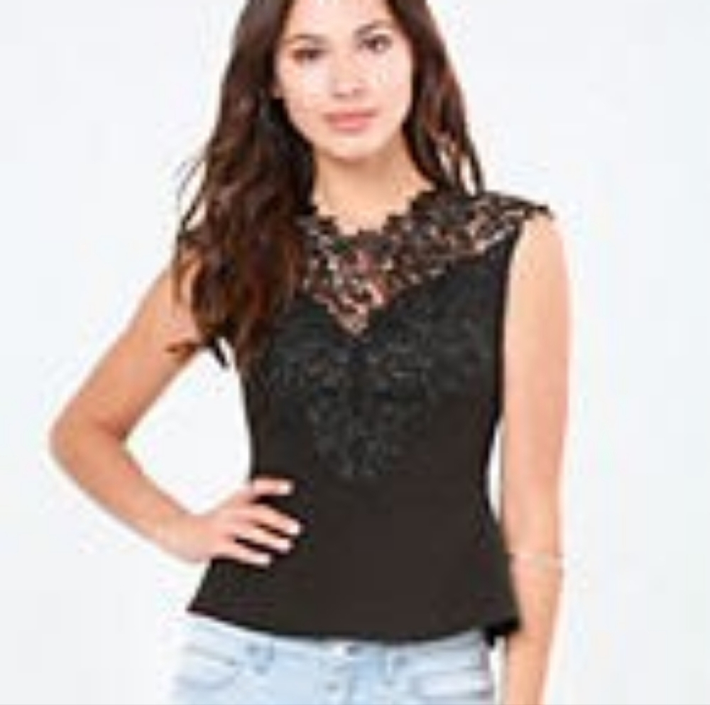 Bebe black lace peplum top size small